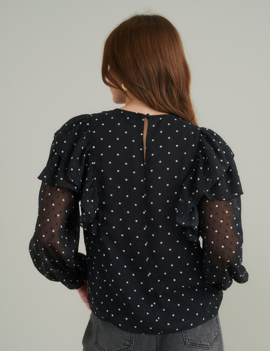 Black Polka Dot Chiffon Ruffle Blouse