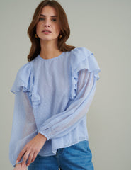 Blue Spot Chiffon Ruffle Blouse