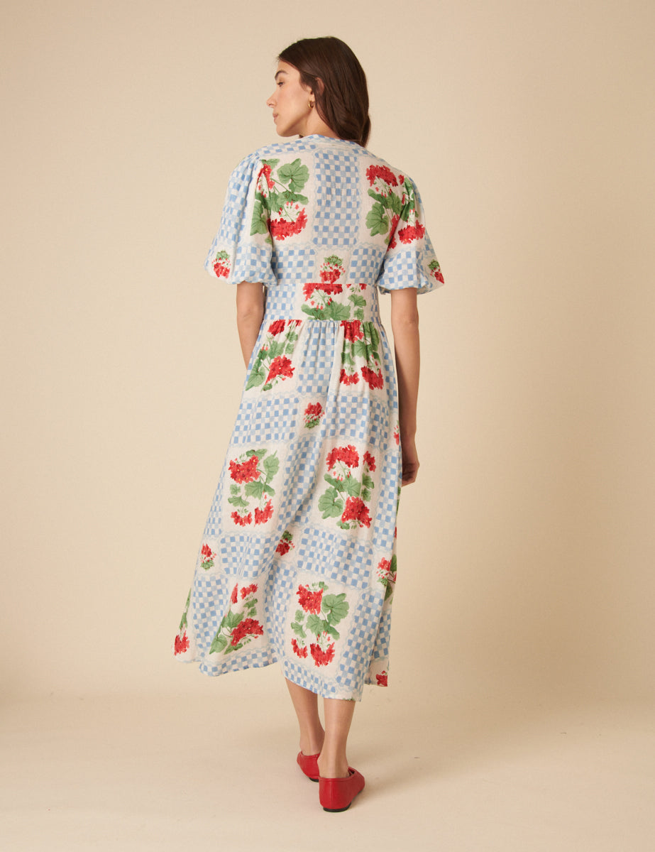 Blue Tile Print Floral Starlight Midi Dress