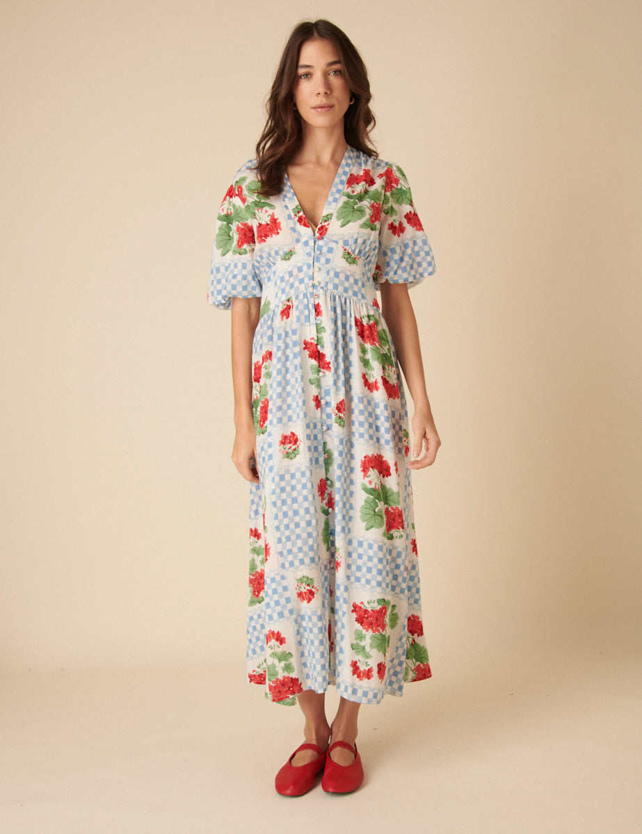 Blue Tile Print Floral Starlight Midi Dress