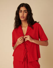 Red Linen-blend Tie Front Shirt