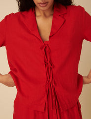 Red Linen-blend Tie Front Shirt