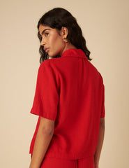Red Linen-blend Tie Front Shirt