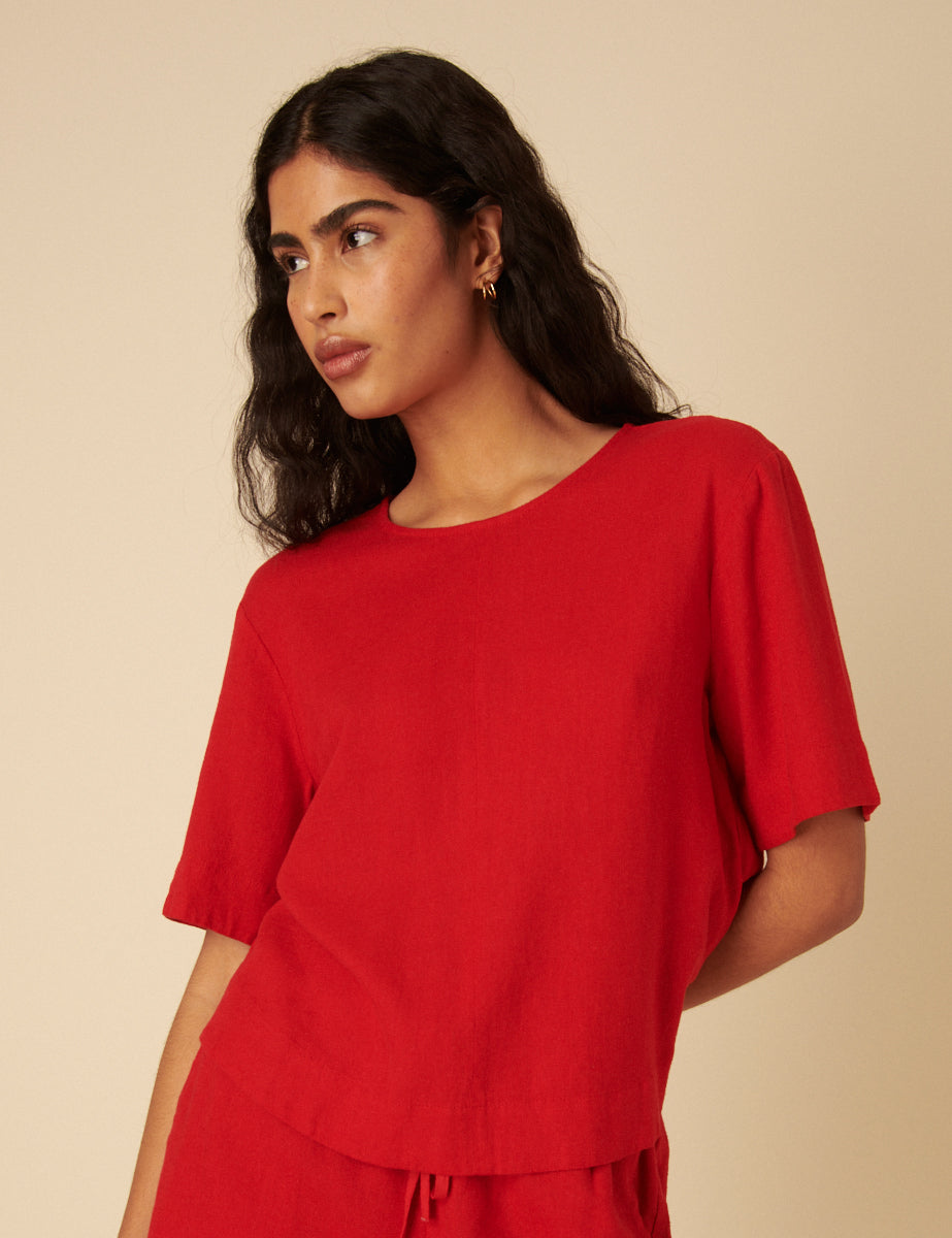 Red Linen-blend Short Sleeve Top