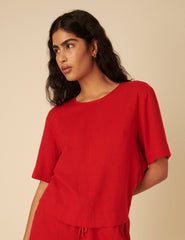 Red Linen-blend Short Sleeve Top