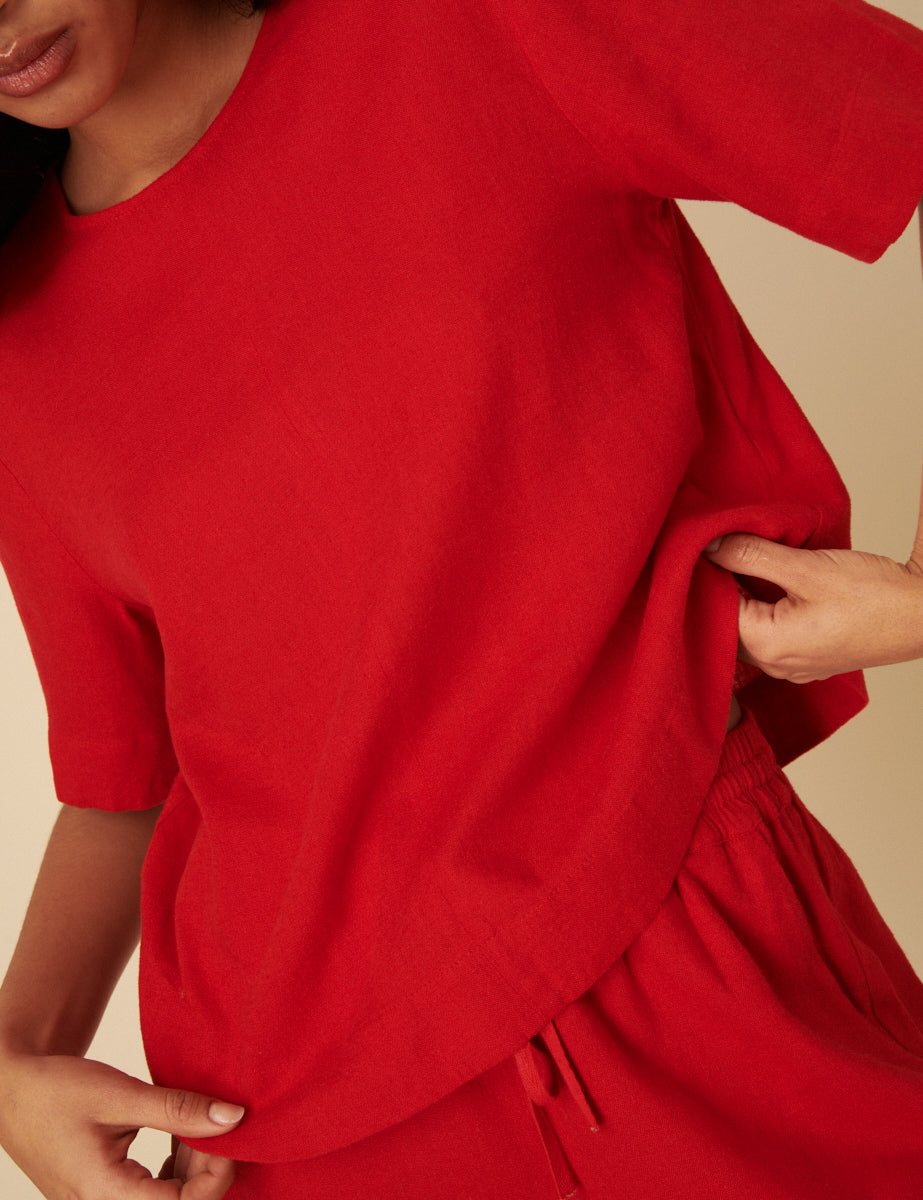 Red Linen-blend Short Sleeve Top