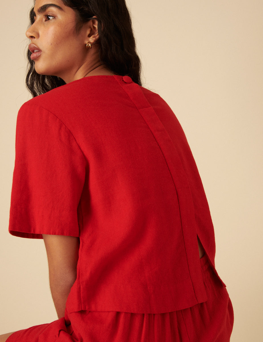 Red Linen-blend Short Sleeve Top