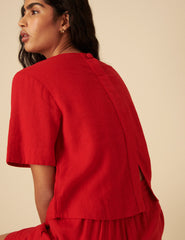 Red Linen-blend Short Sleeve Top