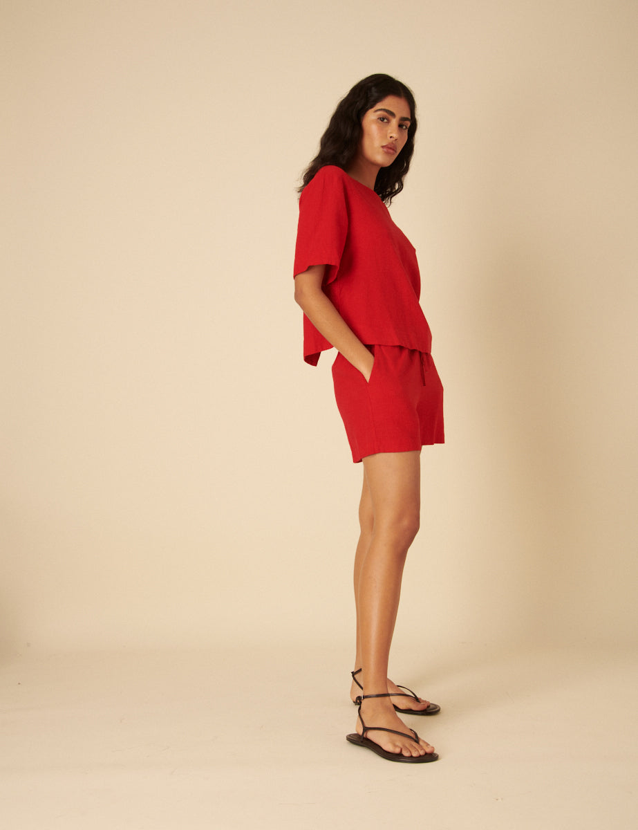 Red Linen-blend Short Sleeve Top
