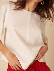 White Linen-blend Short Sleeve Top