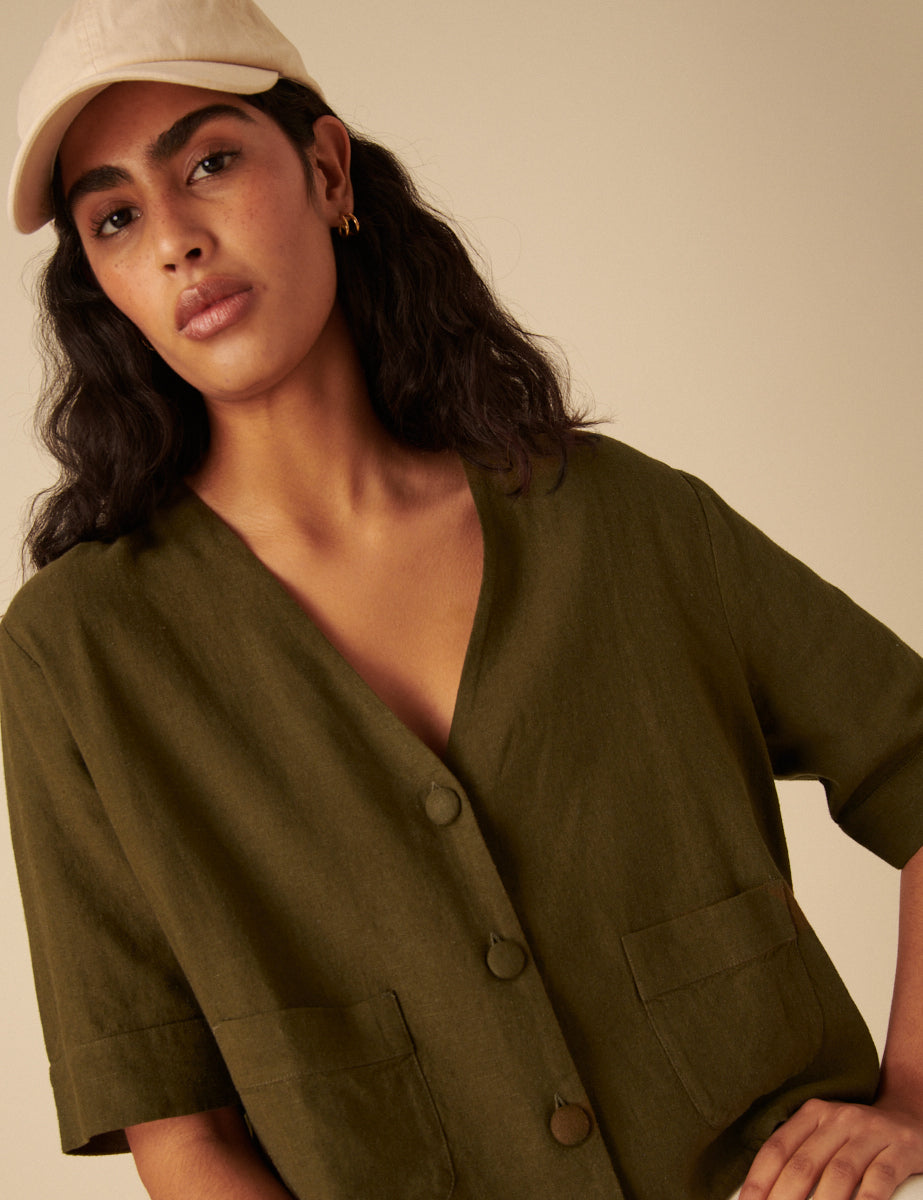 Green Linen-blend V-Neck Shirt