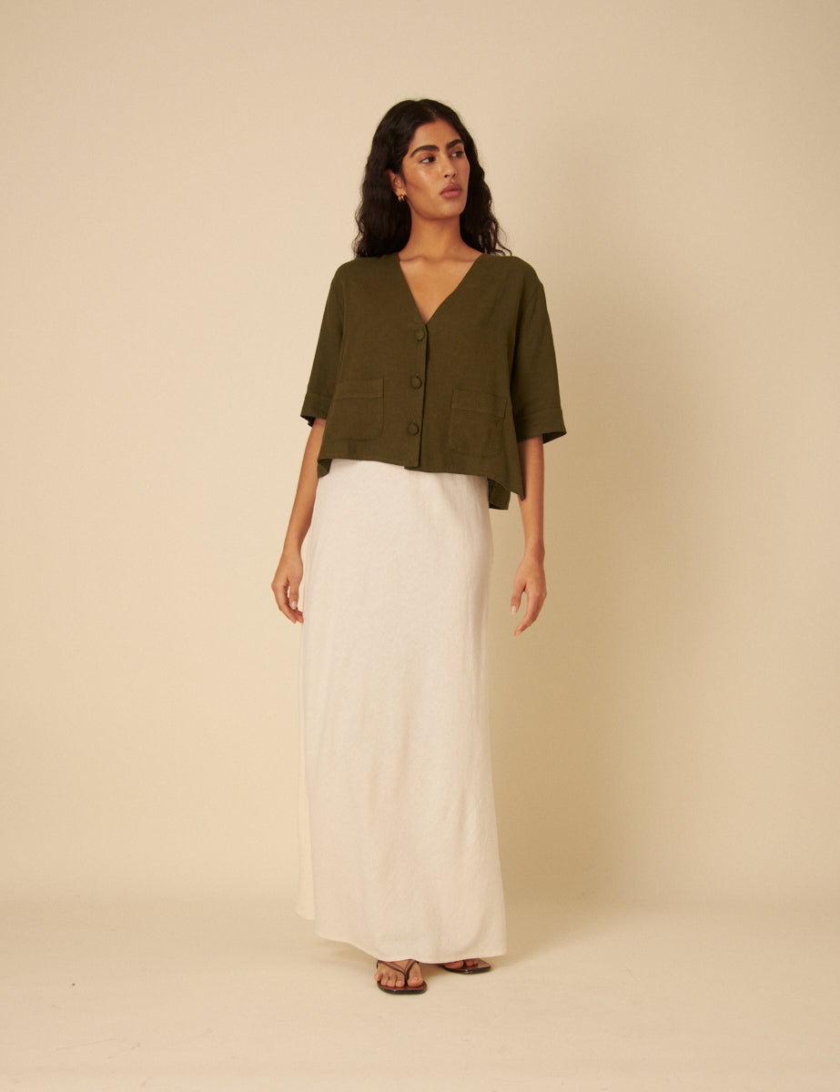Green Linen-blend V-Neck Shirt