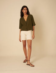 Green Linen-blend V-Neck Shirt