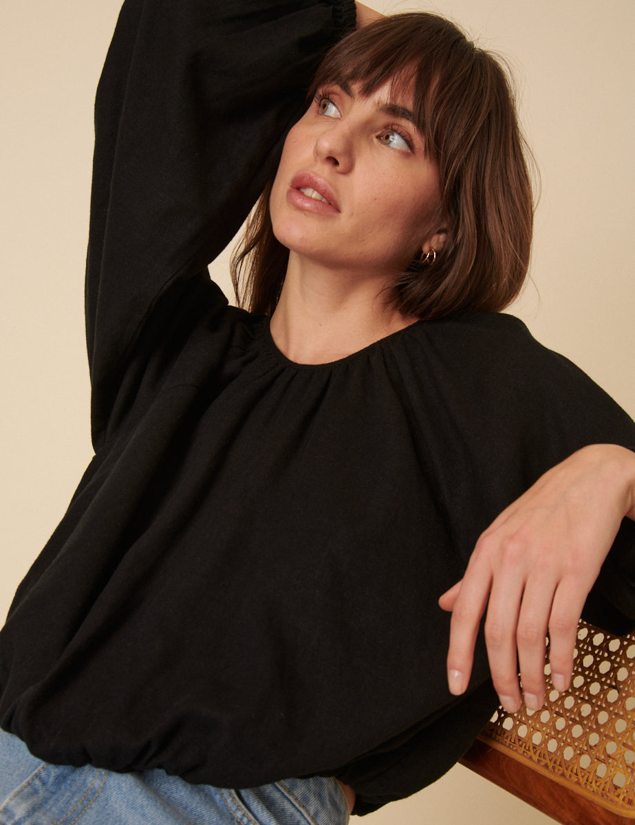 Black Pleated Linen-blend Bubble Hem Top