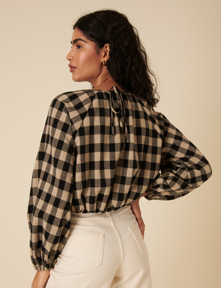 Black Check Bubble Hem Top