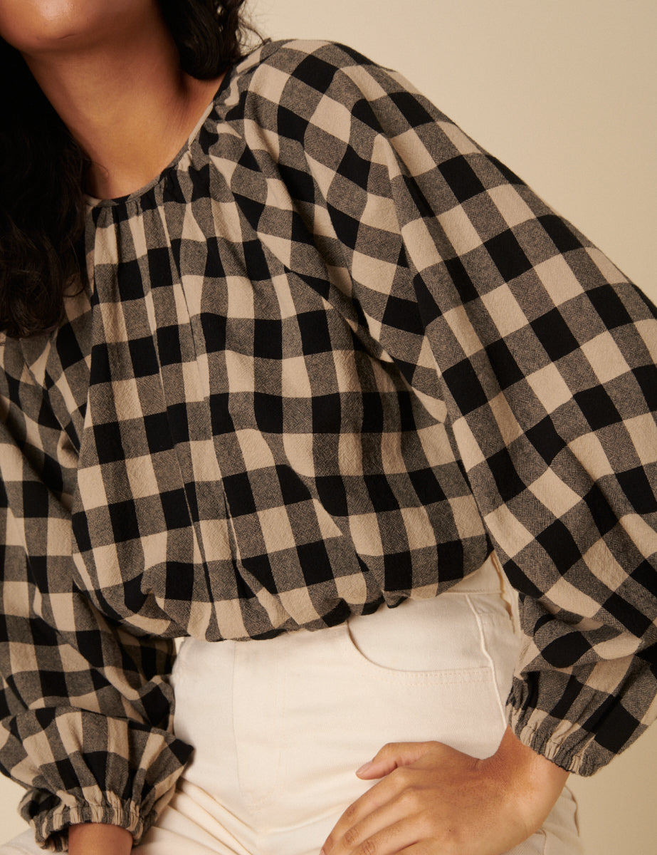 Black Check Bubble Hem Top