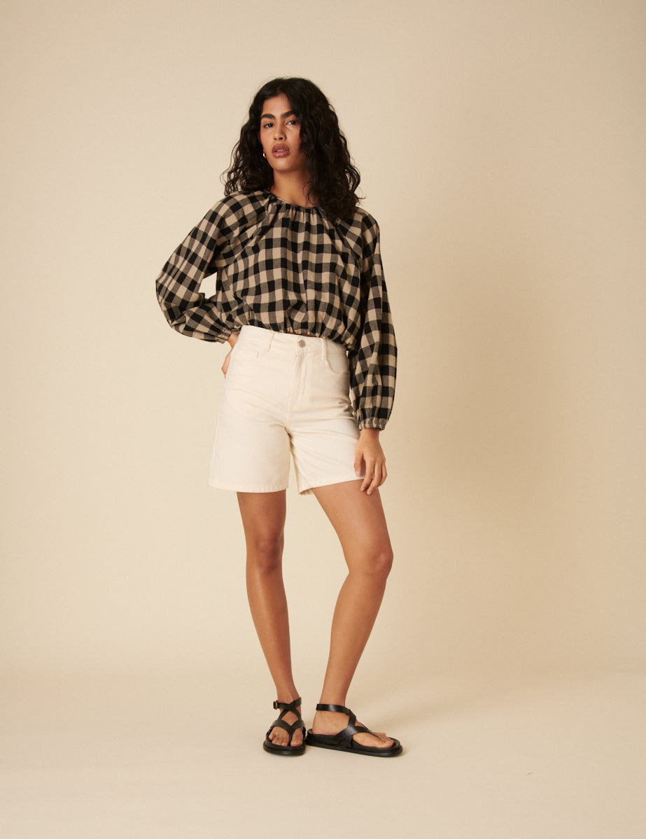 Black Check Bubble Hem Top
