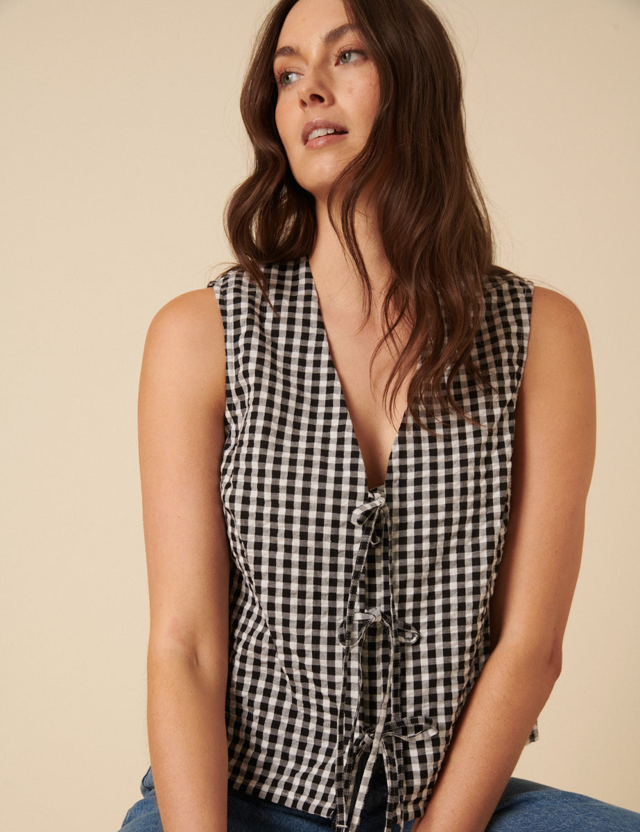 Black Gingham Tie Front Tessa Top