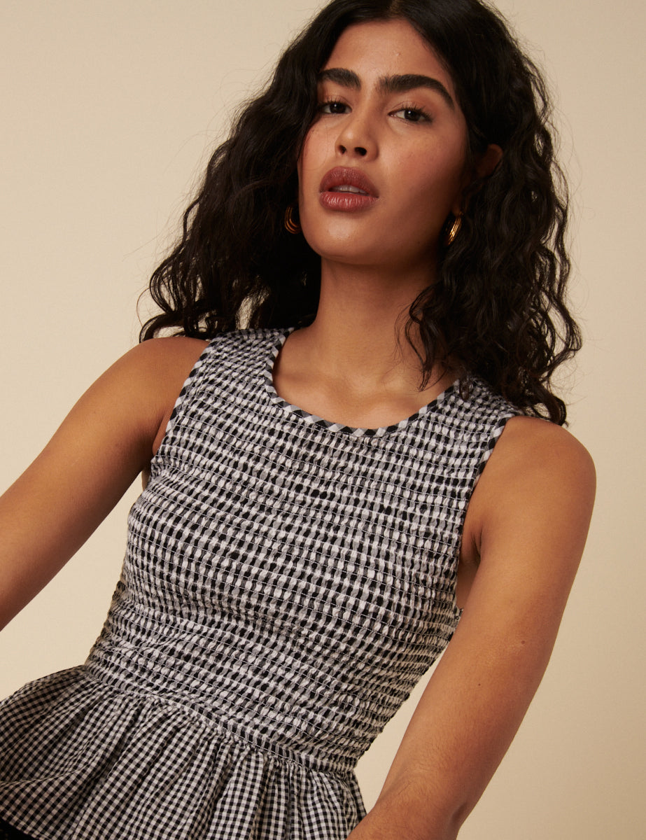 Black Gingham Peplum Top