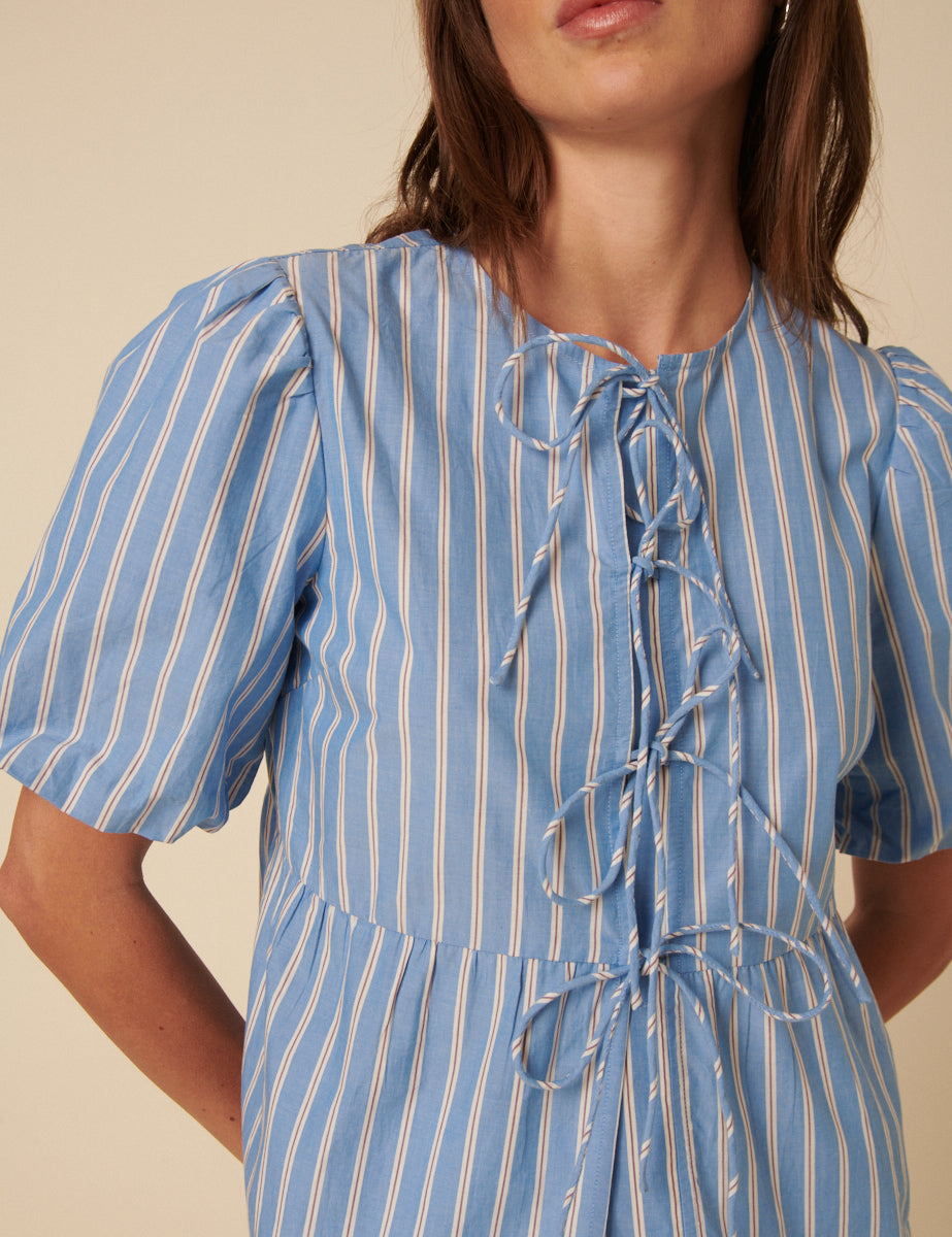 Blue Striped Tie Front Blouse