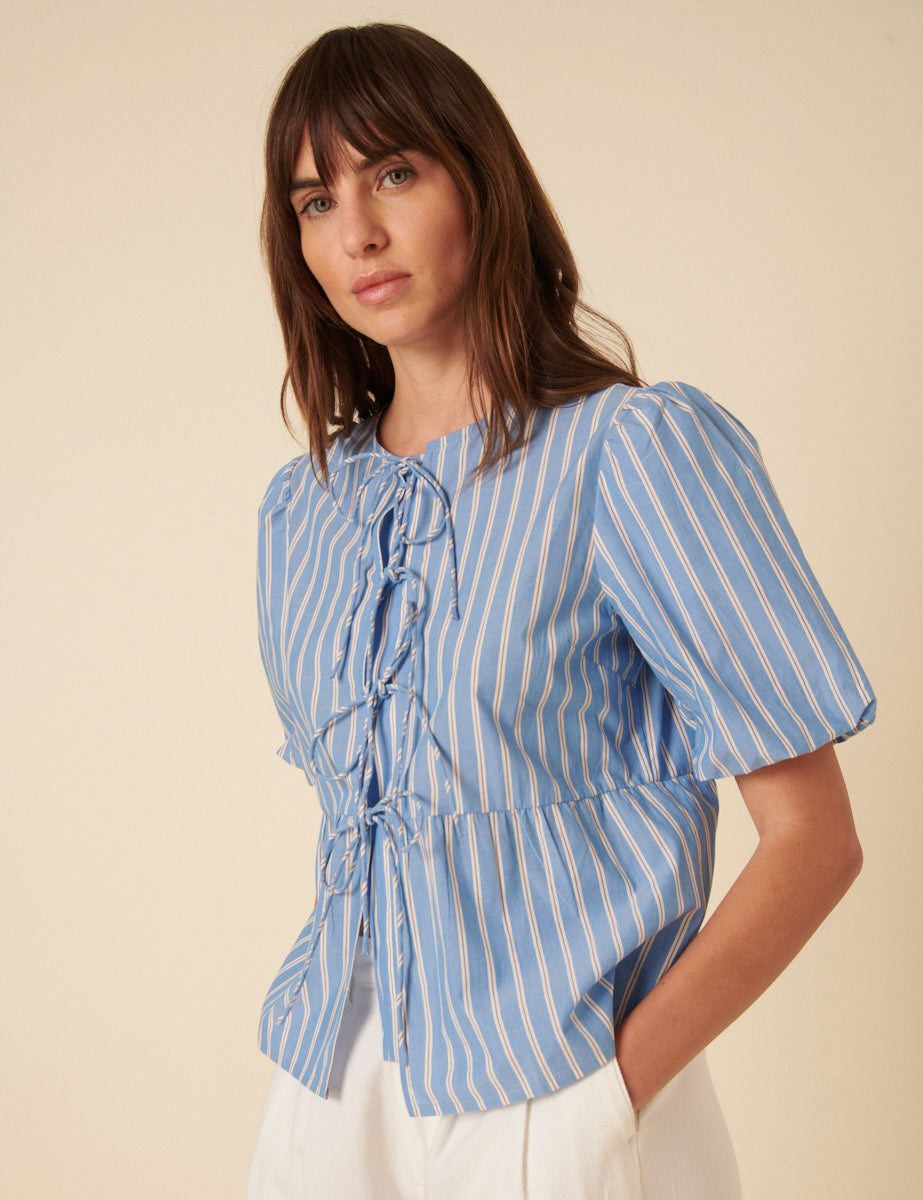 Blue Striped Tie Front Blouse