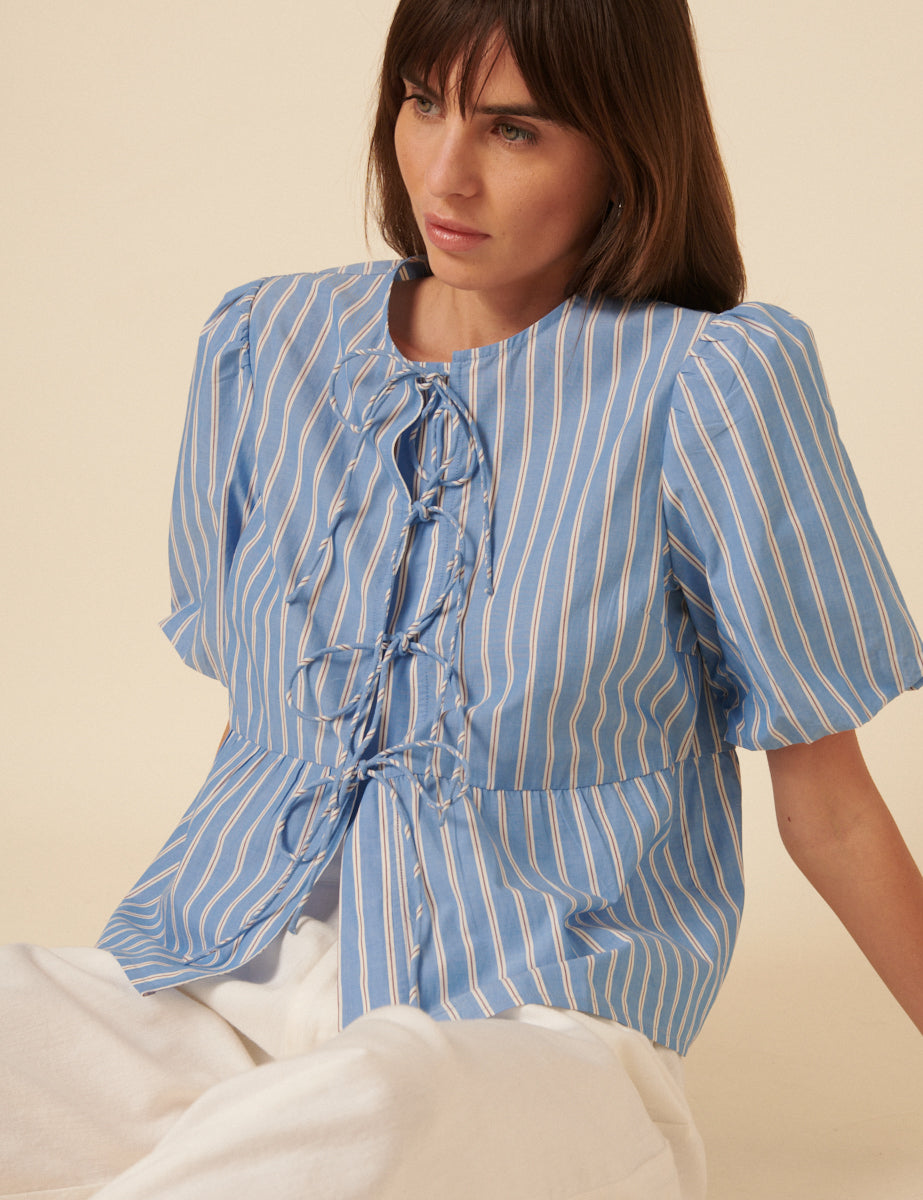 Blue Striped Tie Front Blouse