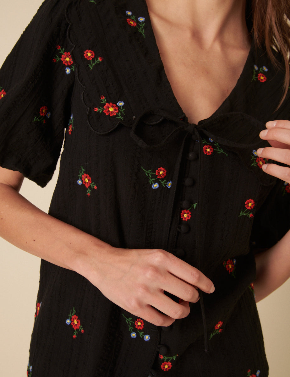 Black Floral Embroidered Tie-Front Birdie Blouse