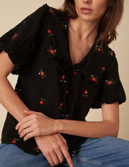Black Floral Embroidered Tie-Front Birdie Blouse