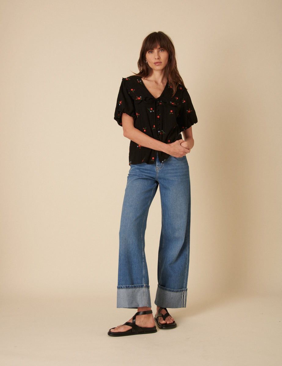 Black Floral Embroidered Tie-Front Birdie Blouse