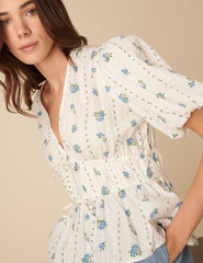 White Floral Printed Tie Detail Blouse