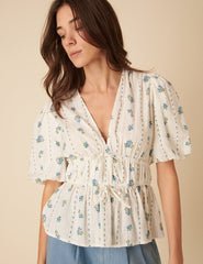 White Floral Printed Tie Detail Blouse