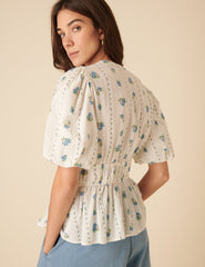 White Floral Printed Tie Detail Blouse