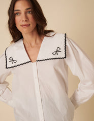 White Embroidered Sailor Collar Blouse