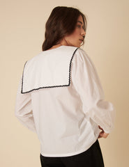 White Embroidered Sailor Collar Blouse