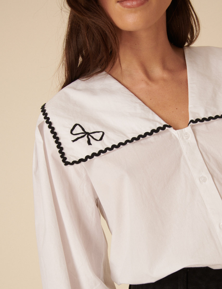 White Embroidered Sailor Collar Blouse