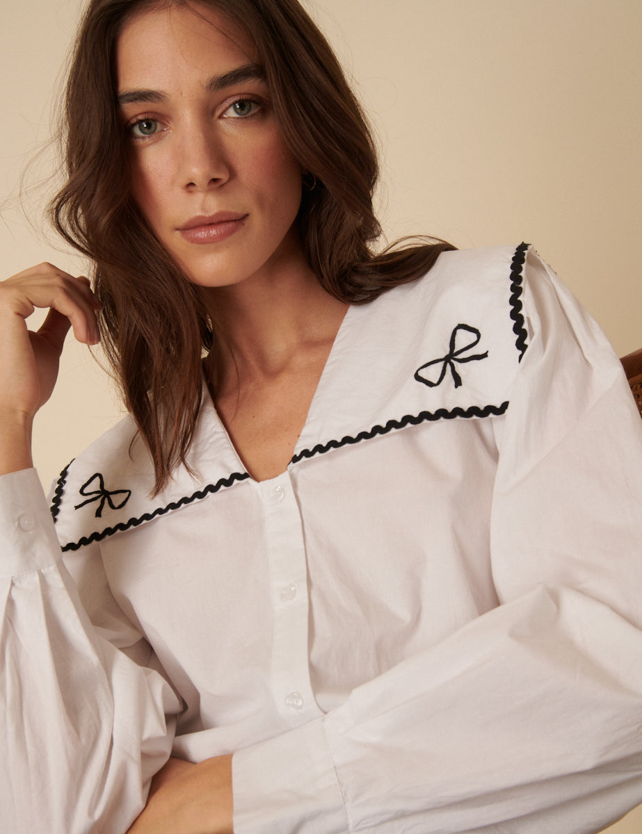White Embroidered Sailor Collar Blouse
