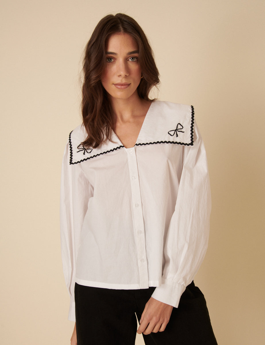 White Embroidered Sailor Collar Blouse