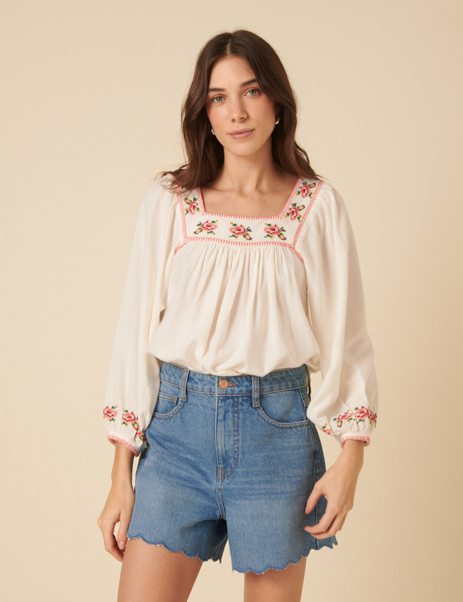 White Floral Embroidered Top