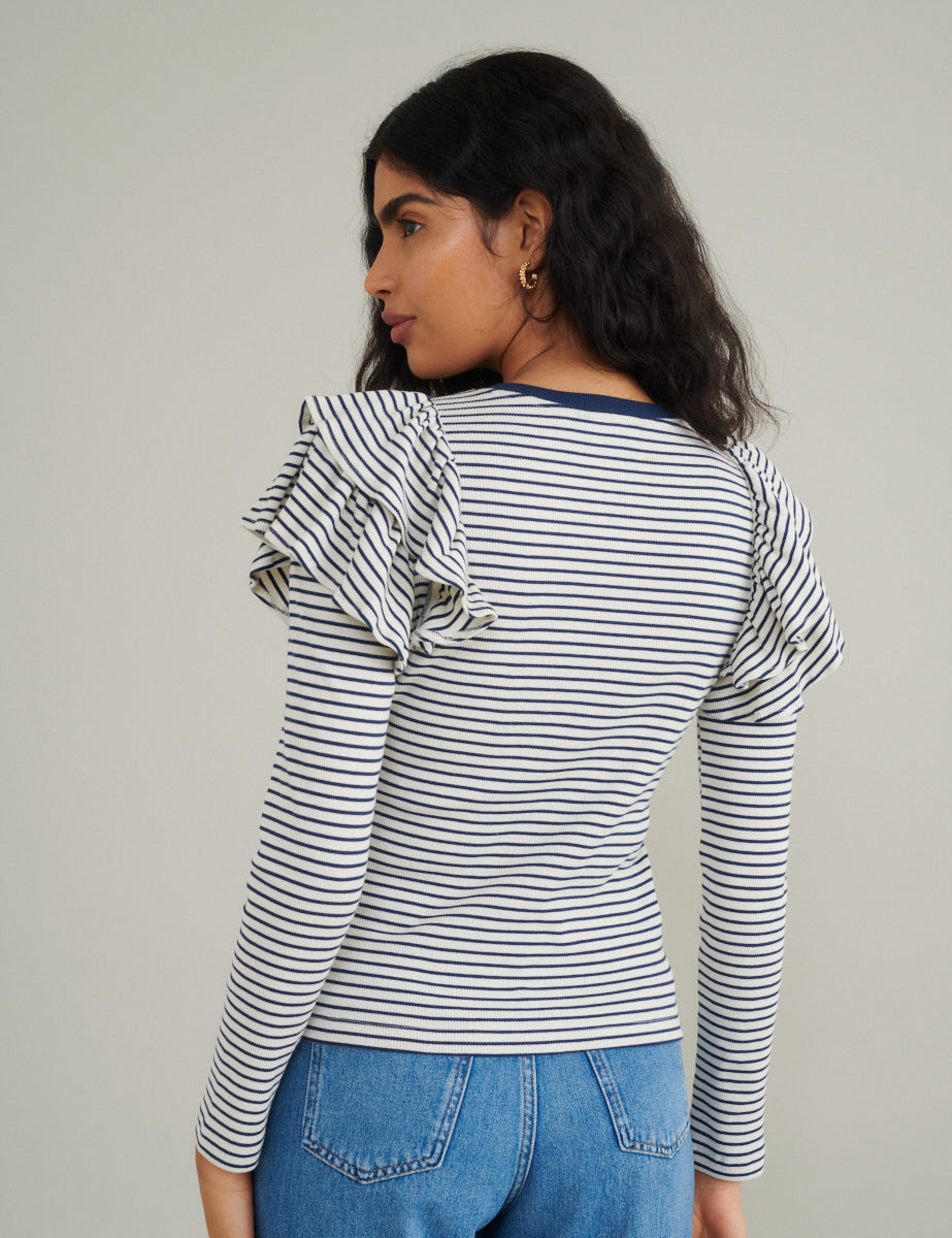 Blue And White Stripe Frill Shoulder Top