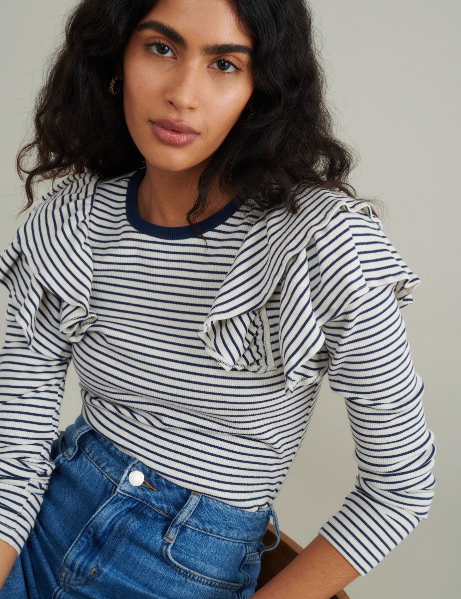 Blue And White Stripe Frill Shoulder Top