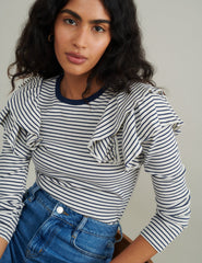 Blue And White Stripe Frill Shoulder Top
