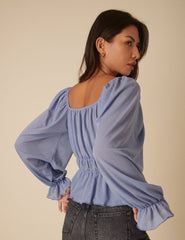 Blue Balloon Sleeve Square Neck Blouse