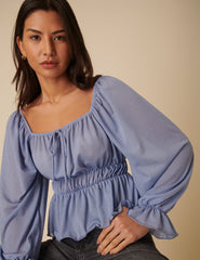 Blue Balloon Sleeve Square Neck Blouse