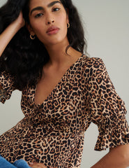 Leopard Print Tie Front Top