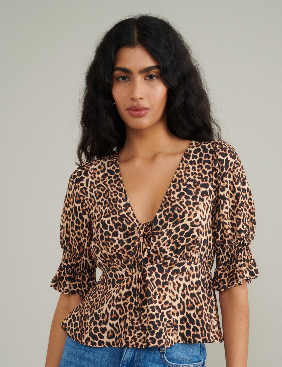 Leopard Print Tie Front Top