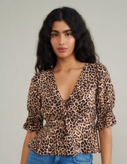 Leopard Print Tie Front Top