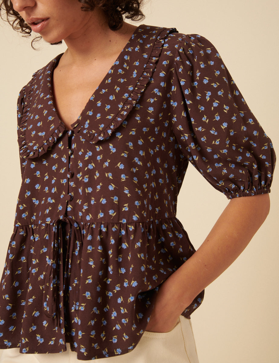 Brown Floral Collared Blouse
