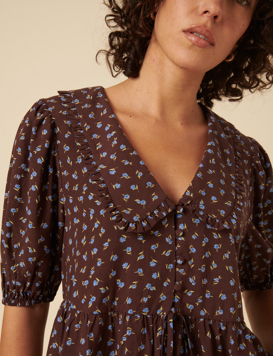 Brown Floral Collared Blouse
