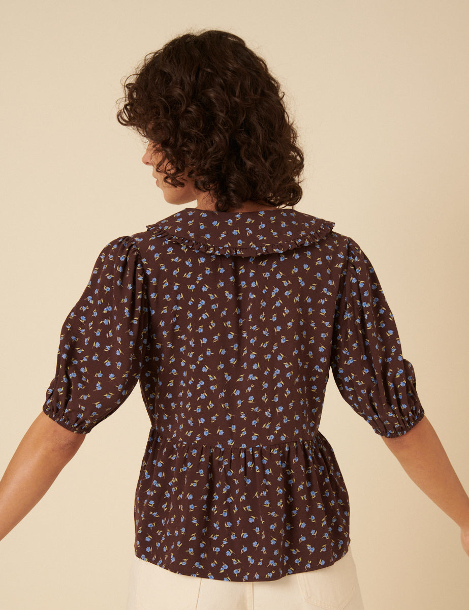Brown Floral Collared Blouse