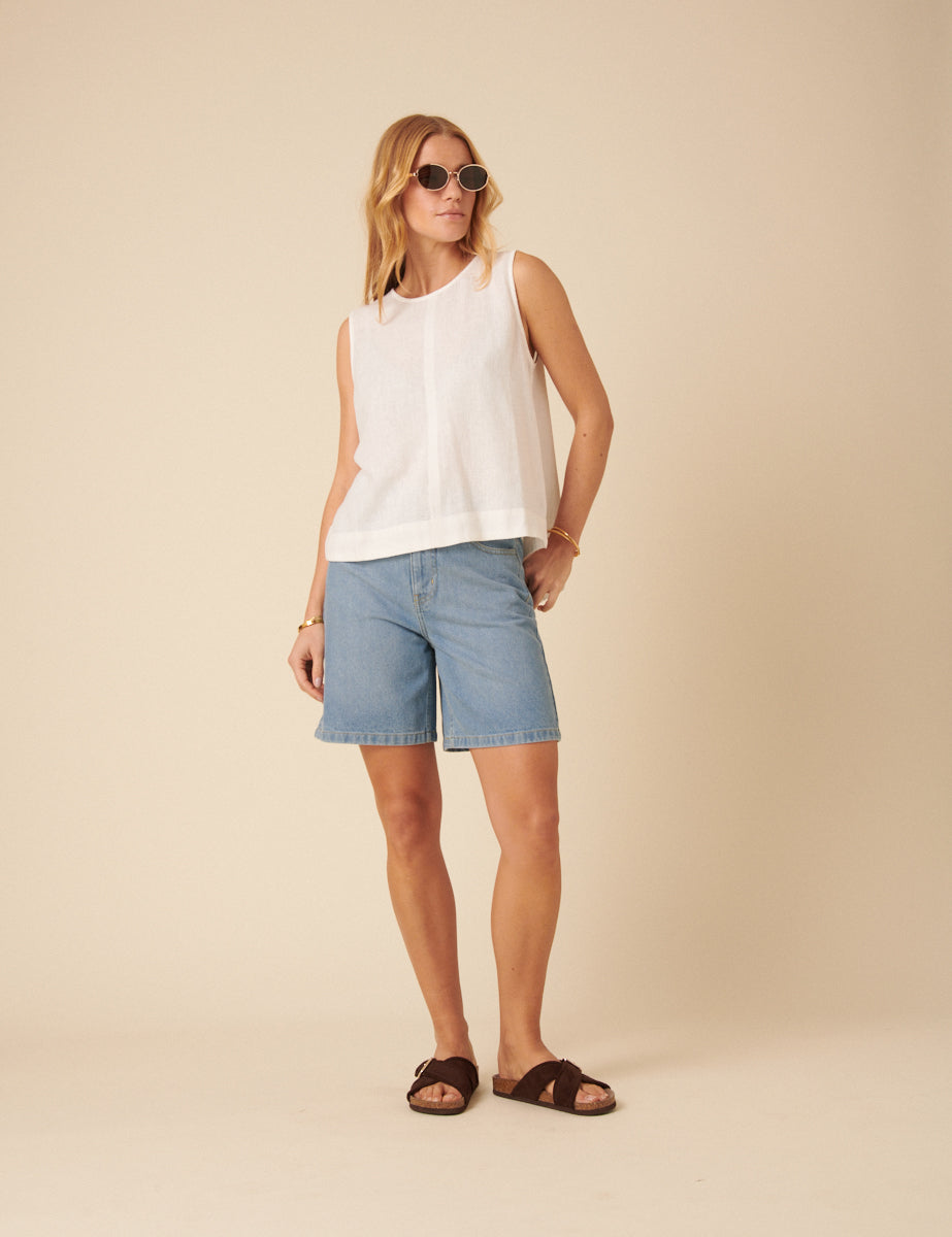 White Linen-blend Swing Top